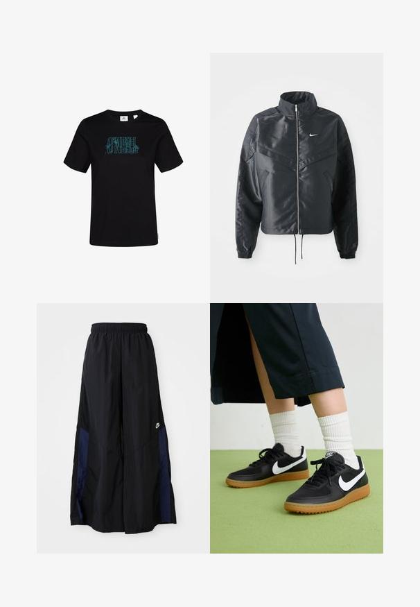 Black cropped jacket with high collar, zip closure, elastane cuffs, and a white Nike logo. Smooth, shiny fabric with a slightly textured surface.; Black cotton t-shirt featuring a turquoise graphic print of "O'Neill" with floral accents. Short sleeves and a crew neck design.; Black wide-leg pants made of lightweight fabric, featuring a navy blue side panel and an elastic waistband. Small white logo on bottom.; Black leather and synthetic sneakers with white Nike swoosh, rubber gum sole, round toe, and black laces. Ribbed white socks visible.