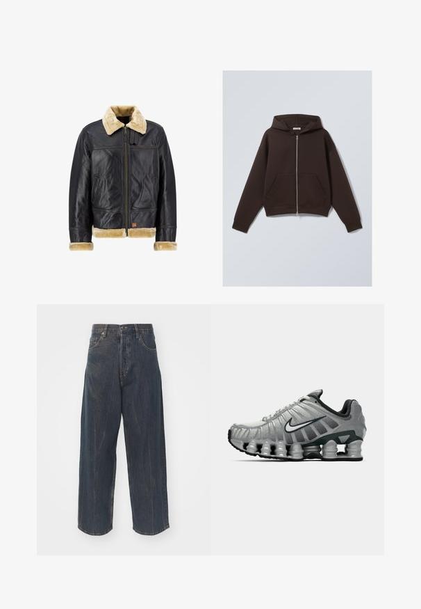 Veste en cuir noir avec un col et des poignets en fausse fourrure crème. Présente une fermeture à glissière à l'avant et des poches latérales, mettant en avant un design classique.; Veste à capuche zippée marron en mélange de coton doux, dotée d'une capuche spacieuse, de poches avant et de poignets et d'un ourlet côtelés.; T-shirt en coton blanc avec des manches courtes, un col rond, une coupe décontractée et sans logos ni motifs visibles. Texture lisse et design minimaliste.; Jeans en denim bleu foncé à jambes larges avec une texture légèrement déchirée, cinq poches et une fermeture classique à bouton et à glissière à la taille.; Chaussure de course Nike grise et noire avec un coussin de type ressort visible sous la semelle et un logo swoosh blanc sur le côté.