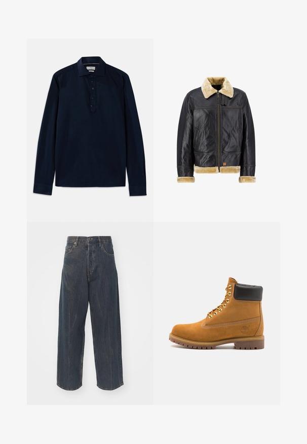 Črna usnjena jakna s krema umetnim krznom na ovratniku in manšetah. Ima sprednji zadrgo in stranske žepe, kar poudarja klasičen dizajn.; Michael Kors Majica z dolgimi rokavi - navy; Široke temno modre jeans hlače iz denima z diskretnimi poškodovanji, petimi žepi ter klasično zaponko in zadrgo v pasu.; Svetlo rjave anklne čizme iz semiša z črnim oblazinjenim ovratnikom, zlatimi kovinskimi očesci, belimi šivi in robustnim gumijastim podplatom s izrazitimi tredi.