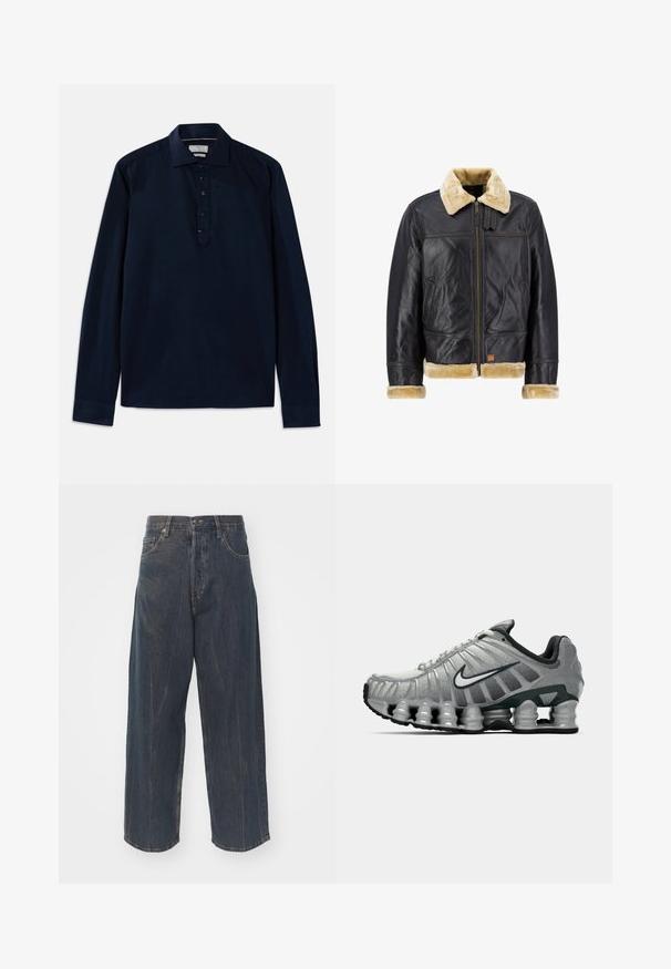 Černá kožená bunda s krémovým umělým kožešinovým límcem a manžetami. Disponuje předním zipem a bočními kapsami, což ukazuje na klasický design.; Michael Kors Top s dlouhým rukávem - navy; Široké tmavě modré džínové kalhoty s jemně obnošenou texturou, pěti kapsami a klasickým zapínáním na knoflík a zip v pase.; Šedá a černá běžecká obuv Nike s viditelným odpružením podobným pružině pod podrážkou a bílým logem swoosh na boku.