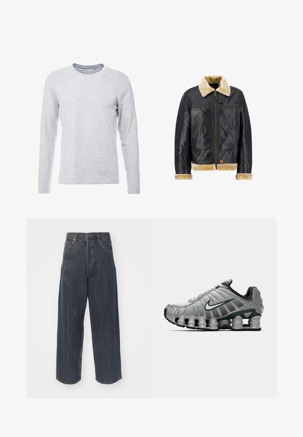Giubbotto di pelle nera con colletto e polsini in pelliccia sintetica crema. Dotato di zip frontale e tasche laterali, presenta un design classico.; Maglietta grigia a maniche lunghe in un tessuto morbido e leggero, con un classico collo tondo e un design semplice e privo di decorazioni.; Jeans in denim blu scuro a gamba ampia con una sottile texture strappata, cinque tasche e una chiusura classica con bottone e zip in vita.; Scarpa da corsa Nike grigia e nera con ammortizzazione visibile a molla sotto la suola e logo swoosh bianco di lato.