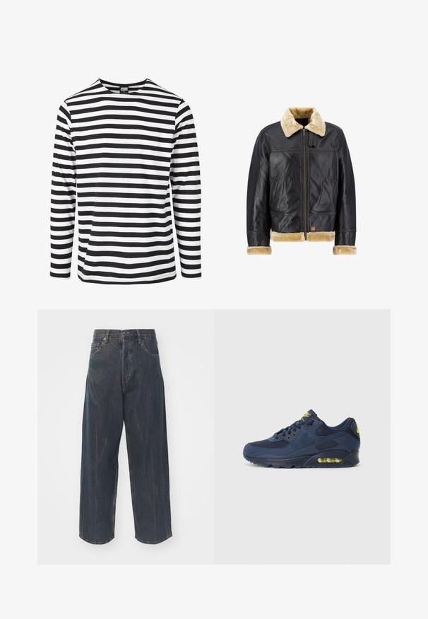 Sort læderjakke med en cremefarvet faux fur-krave og -manchetter. Har en lynlås foran og sidelommer, der fremhæver et klassisk design.; Sort og hvid langærmet stribet skjorte med rund halsudskæring, lavet af blødt stof, med horisontale striber af ens bredde.; Bredde ben mørkeblå denim jeans med subtilt slidte tekstur, fem lommer og en klassisk knap- og lynlåslukning i taljen.; Mørkeblå Nike Air Max sneakers med overdel i ruskind og mesh, med gule detaljer, snørelukning foran og synligt luftdæmpning i sålen.