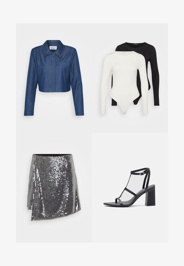 Räätälöity tummansininen farkkutakki, jossa on terävä kaulus, pitkät hihat, etutasku ja erottuvat ompelut yksityiskohdat.; Kaksi pitkähihasta bodya valkoisena ja mustana. Valmistettu sileästä kankaasta, jossa on pyöreät kaula-aukot ja thong-takaosa sujuvaa käyttöä varten.; Hopea paljettihame, jossa on kietaisuosa, teksturoitu pinta ja hieman epäsymmetrinen helma.; Mustat korkokengät, joissa on neliömainen kärki ja blokkihaka. Varustettu ohutnauhoilla ja säädettävällä nilkkakupralla. Pehmeä nahkapinta.