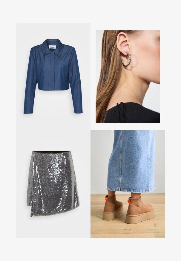 Tumedat sinised denimpusa, millel on terav krae, pikad varrukad, esitasku ja kontrastse õmblemise detailid.; Even&Odd Petite 2 PACK - Topp - light grey/black; Hõbedane sequins'iga mini seelik, millel on mähise disain, tekstuurine pind ja veidi asümmeetriline hem.; Pruunid nahatooted platvormikontsad elastsete külgpaneelidega ja oranžide tõmbetuttidega, koos puusani ulatuva heleda denim-seelikuga puidust põrandal.; Hõbedane rõngas kõrvarõngas poleeritud viimistlusega, millel on väikesed kuldsed aktsendid ja ümmargune kuju, kantud lobus.