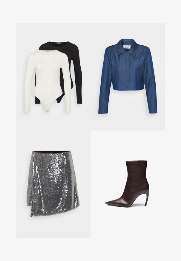 Kuttet denimjakke i mørkeblå, med spiss krage, lange ermer, frontlomme og kontraststing detaljer.; To langermagede bodysuit i hvit og svart. Laget av glatt stoff, med rund hals og en thong-bunn for en strømlinjeformet passform.; Sølv paljett mini skjørt med omslagdesign, med en strukturert overflate og en litt asymmetrisk kant.; Brune skinn ankelstøvel med spiss tå, slank silhuett og høy stiletthæl. Har en glatt tekstur og minimalistisk design.