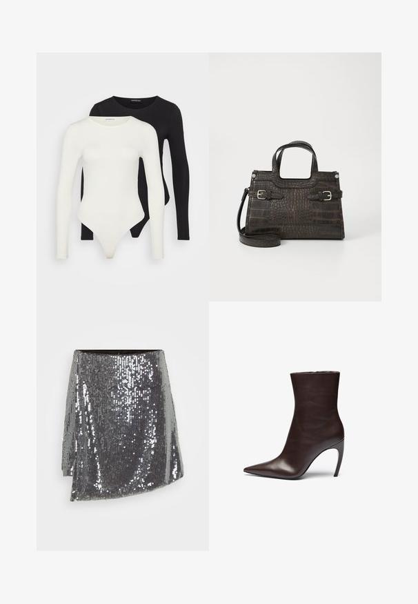 Räätälöity tummansininen farkkutakki, jossa on terävä kaulus, pitkät hihat, etutasku ja erottuvat ompelut yksityiskohdat.; Kaksi pitkähihasta bodya valkoisena ja mustana. Valmistettu sileästä kankaasta, jossa on pyöreät kaula-aukot ja thong-takaosa sujuvaa käyttöä varten.; Hopea paljettihame, jossa on kietaisuosa, teksturoitu pinta ja hieman epäsymmetrinen helma.; Ruske nahka ankle čizme s šiljastim prstom, vitkim siluetom i visokim stiklom. Imaju glatku teksturu i minimalistički dizajn.; Krokotiilimallinen käsilaukku tummanruskeana, jossa on kaksinkertaiset yläkahvat, irrotettava olkahihna ja hopeansävyiset metalliosat.