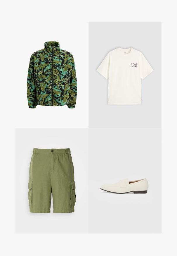 Polarowa kurtka z wysokim kołnierzem, w wielokolorowy wzór kamuflażu w odcieniach zieleni, czerni i turkusu. Zamek błyskawiczny z przodu.; Biała koszulka z krótkim rękawem wykonana z bawełny, z czarnym nadrukiem graficznym na lewej piersi z napisem "Fresh."; Zielone szorty cargo o luźnym kroju, wykonane z lekkiego materiału. Posiadają boczne kieszenie oraz zapięcie na guziki z przodu.; Jasne beżowe mokasyny z wąskim noskiem, gładkim materiałem, paskiem na wierzchu stopy oraz niską brązową podeszwą. Prosty design z minimalnymi akcentami.