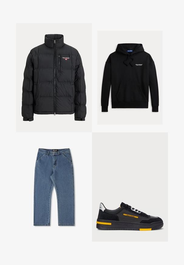 Fekete, nagy galléros, vízszintes steppelt mintájú pufi dzseki, elöl cipzárral és egy mellzsebbel, amelyen a "Polo Sport" logó látható.; Fekete kapucnis pulóver, elülső erszényzsebbel. A bal felső részen fehér "POLO SPORT" felirat található. Puha anyagból készült.; Kék farmernadrág, egyenes lábbal, középderék kialakítással és klasszikus öt zsebbel. Finom kopással és varrott részletekkel rendelkezik.; Fekete sportcipők velúr és hálós felsőrészsel, sárga részletekkel és vastag fekete talppal. Fűzős záródás és "POLO SPORT" márkajelzés az oldalon.