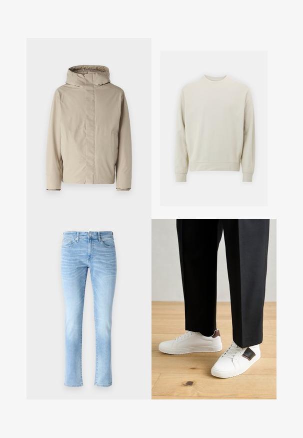 Vaaleanbeige eristystyylinen takki, jossa on korkea kaulus ja huppu. Takki on minimalistinen muotoilu ja siinä on teksturoitu kangas. Ei näkyviä kiinnityksiä tai kuvioita.; Vaaleanbeige huppari, joka on valmistettu pehmeästä kankaasta, jossa on pyöreä kaula-aukko, pitkät hihat sekä joustavat hihansuut ja helma. Minimalistinen muotoilu, ilman näkyviä kuvioita.; Vaaleansiniset farkut, joissa on slim fit -leikkaus, viisi taskua ja hienovaraiset kulutustiedot. Mallissa on klassinen suora lahkeensuu ja nappikiinnitys.; Valkoiset tennarit, joissa on sileä pinta, ruskealla nahka-akentilla ja mustilla yksityiskohdilla, yhdistetty mustiin räätälöityihin housuihin. Taustalla puulattia.