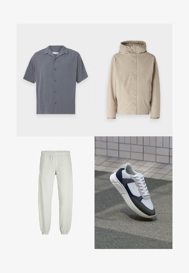 Beige geïsoleerde jas met een hoge kraag en capuchon, met een minimalistisch ontwerp en textuurstof. Geen zichtbare sluitingen of patronen.; Korte mouwen, knoopshirt in donkergrauw, gemaakt van gladde stof. Beschikt over een gespreide kraag en zes knopen aan de voorkant. Minimalistisch ontwerp.; Witte sweatpants gemaakt van zachte stof, met een elastische tailleband en boorden, een gladde textuur en een losvallend ontwerp.; Witte, marineblauwe en grijze sneaker met een gemengde materiaald ontwerp, met een gestructureerde bovenkant, platte veters en een gevoerde zool.