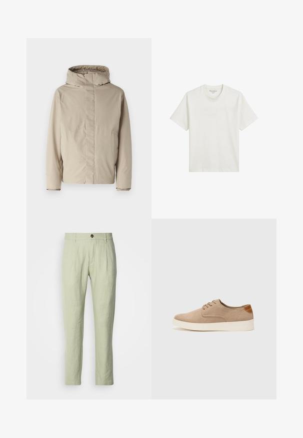 Beżowa kurtka ocieplana z wysokim kołnierzem i kapturem, o minimalistycznym wzornictwie i teksturowanej tkaninie. Brak widocznych zapięć lub wzorów.; Biała bawełniana koszulka z okrągłym dekoltem, krótkimi rękawami i luźnym krojem. Metka nadrukowana wewnątrz kołnierza; brak widocznych wzorów lub akcentów.; Jasnozielone lniane spodnie o prostym kroju, z zapięciem na guziki z przodu, dwiema kieszeniami z przodu i gładką fakturą.; Beżowe zamszowe sneakersy z okrągłym noskiem, sznurowanym przodem i teksturowanym akcentem na tyle. Biała gumowa podeszwa tworzy kontrast. Prosty i nowoczesny design.