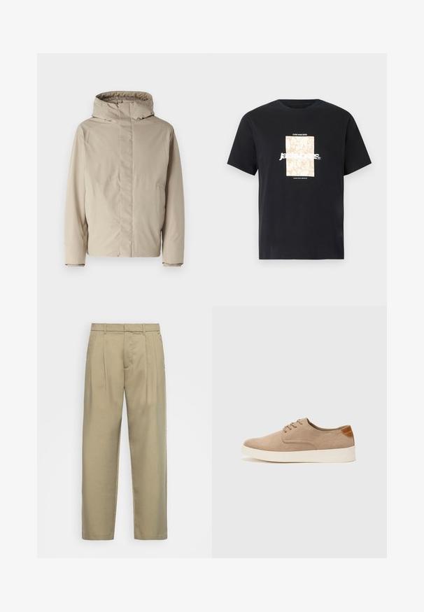 Bežs izolēts cimds ar augstu apkakli un kapuci, kas izceļas ar minimālistisku dizainu un teksturētu audumu. Nav redzamu aizdaru vai rakstu.; Melna kokvilnas T-kreklā ar apaļu kakla izgriezumu. Priekšpusē ir beigu taisnstūra grafika un balti burti "JAWO", kas ir centrēti. Īsas piedurknes.; Bēša, augstās jostas bikses ar taisnu piegriezumu, ar plakanu priekšpusi, sānu kabatām un gludu, teksturētu audumu.; Beige zamšādas kedas ar noapaļotu purngala daļu, auklēm saplacinātu priekšpusi un teksturētu aizmugures akcentu. Balta gumijas zole nodrošina kontrastu. Vienkāršs un mūsdienīgs dizains.