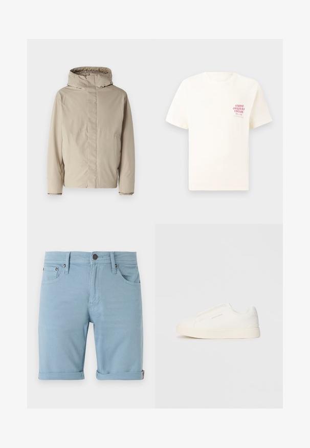 Beige isolierte Jacke mit hohem Kragen und Kapuze, mit einem minimalistischen Design und strukturiertem Stoff. Keine sichtbaren Verschlüsse oder Muster.; Weißes T-Shirt mit kurzen Ärmeln und rotem Text "Studio Originals Edition" auf der linken Brust, präsentiert vor einem neutralen grauen Hintergrund.; Hellblaue Denim-Shorts mit klassischem Fünf-Taschen-Design, umgeschlagenem Saum, gestickten Details vorne und hinten sowie einem dunklen Knopfverschluss.; Weiße Slip-On-Sneaker mit einer strukturierten Oberfläche, dicker Sohle und minimalistischem Design. Mit Logo der Marke an der Seite.