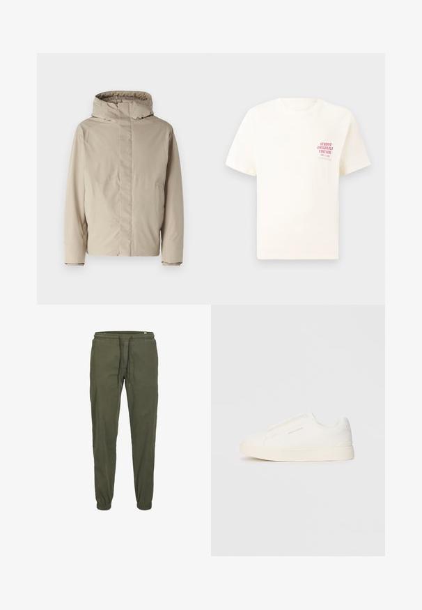 Bežs izolēts cimds ar augstu apkakli un kapuci, kas izceļas ar minimālistisku dizainu un teksturētu audumu. Nav redzamu aizdaru vai rakstu.; Balts īsām piedurknēm T-krekls ar sarkanu tekstu "Studio Originals Edition" uz kreisā krūšu, pakārtots neitrālā pelēkā fonā.; Olīvu zaļas sporta bikses ar elastīgu jostu, aukliņu aizdari un sašaurinātiem piedurknēm. Izgatavotas no mīksta, teksturēta kokvilnas auduma.; Baltas slip-on sporta apavi ar teksturētu virsmu, biezu zoli un minimālistisku dizainu. Sānos redzams zīmola logotips.