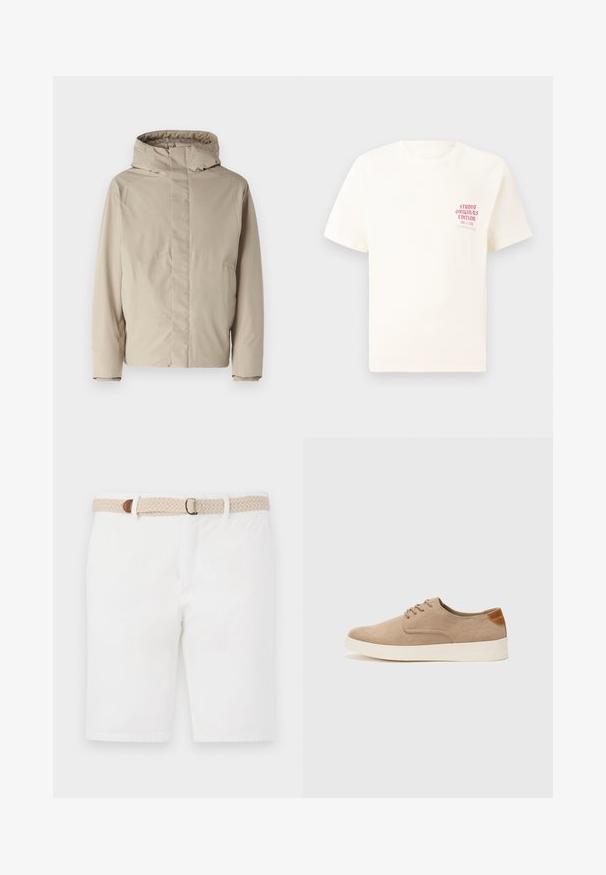 Bežinė izoliacija striukė su aukštu apykakle ir gaubtu, turinti minimalistinį dizainą ir tekstūruotą medžiagą. Be matomų užsegimų ar raštų.; Balta trumpa rankovėmis marškinėliai su raudonu užrašu "Studio Originals Edition" kairiajame krūtinės šone, rodomi neutralioje pilkoje aplinkoje.; Balti medvilniniai šortai su pintu smėlio spalvos diržu su rudomis detalėmis. Šortai turi švarų dizainą ir lygų paviršių.; Bežiniai zomšiniai sportbačiai su apvaliomis pirštų dalimis, raišteliais priekyje ir tekstūruotu užkulniu. Balta guma suteikia kontrastą. Paprastas ir modernus dizainas.