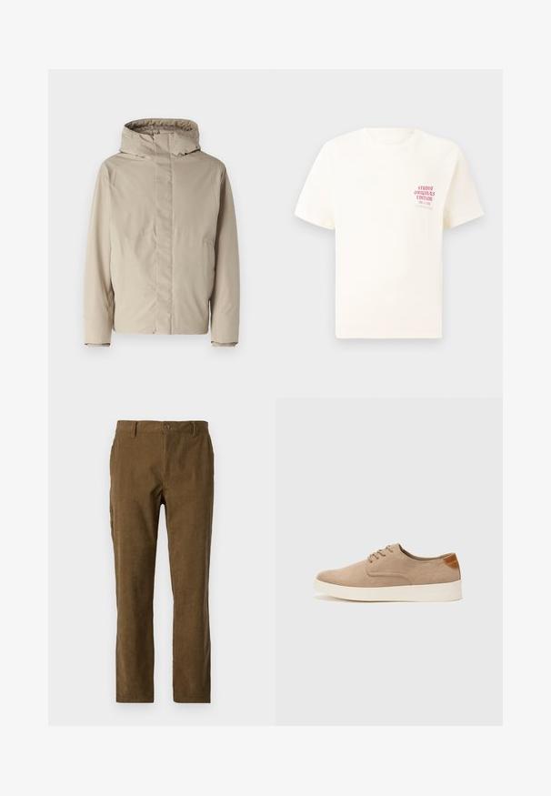 Veste isolée beige avec un haut col et une capuche, présentant un design minimaliste et un tissu texturé. Pas de fermetures ni de motifs visibles.; T-shirt blanc à manches courtes avec le texte rouge "Édition Originals du Studio" sur la poitrine gauche, présenté sur un fond gris neutre.; Pantalons en velours côtelé marron avec une coupe droite, présentant des côtes verticales, une fermeture à boutons sur le devant et des poches latérales pour plus de praticité.; Baskets en daim beige avec un embout arrondi, un laçage sur le devant et un accent texturé à l'arrière. La semelle en caoutchouc blanche offre un contraste. Design simple et moderne.