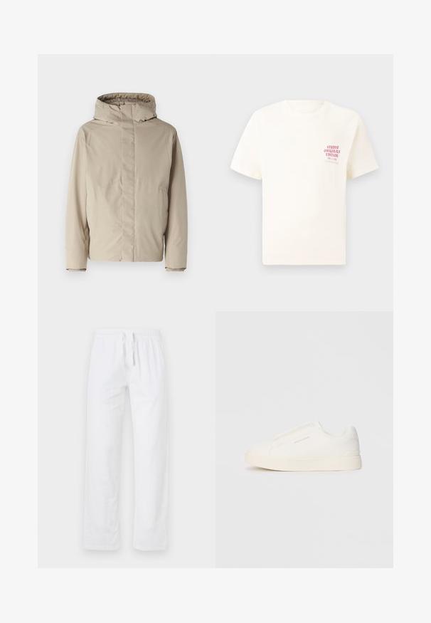 Chaqueta aislante beige con cuello alto y capucha, que presenta un diseño minimalista y tejido texturizado. Sin cierres ni patrones visibles.; Camiseta blanca de manga corta con el texto rojo "Edición de Studio Originals" en el lado izquierdo del pecho, exhibida sobre un fondo gris neutro.; Pantalones de algodón blancos, ligeros, con cintura elástica y cordón; presentan piernas anchas y una superficie lisa y sin textura.; Zapatillas blancas tipo slip-on con una superficie texturizada, suela gruesa y diseño minimalista. Presenta el logo de la marca en un lado.