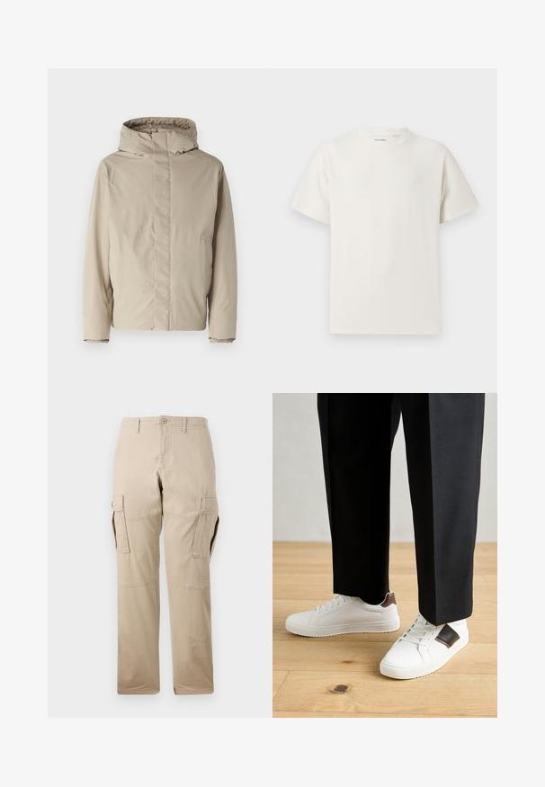 Beige geïsoleerde jas met een hoge kraag en capuchon, met een minimalistisch ontwerp en textuurstof. Geen zichtbare sluitingen of patronen.; Witte korte mouwen T-shirt met ribbelstructuur. Ronde hals, ontspannen pasvorm, geen zichtbare patronen of accenten. Eenvoudig en veelzijdig ontwerp.; Beige cargobroek gemaakt van katoen, met een rechte pasvorm, meerdere zijzakken en een knoopsluiting. Over het geheel een soepele textuur.; Witte sneakers met een gladde textuur, voorzien van bruine lederen accenten en zwarte details, gecombineerd met zwarte maatpakken. Achtergrond van houten vloeren.