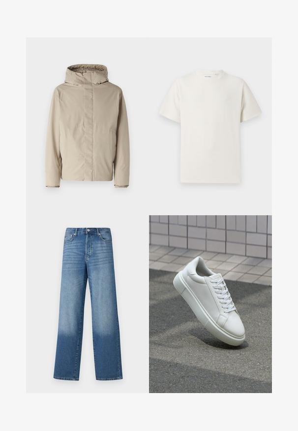 Beige isolierte Jacke mit hohem Kragen und Kapuze, mit einem minimalistischen Design und strukturiertem Stoff. Keine sichtbaren Verschlüsse oder Muster.; Weißes T-Shirt mit kurzen Ärmeln in gerippter Textur. Runder Ausschnitt, lockere Passform, keine sichtbaren Muster oder Akzente. Einfaches und vielseitiges Design.; Blaue hochgeschnittene Straight-Leg-Jeans mit Ausbleichungen an den Oberschenkeln und dunklerem Schatten nahe den Säumen, sichtbare vordere Knöpfe und Taschen.; Weiße Leder-Sneaker mit glatter Oberfläche, runder Zehenpartie und flachen weißen Schnürsenkeln. Verfügt über eine strukturierte Gummisohle und minimalistische Designelemente.
