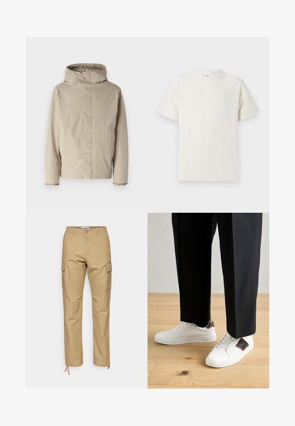 Beige geïsoleerde jas met een hoge kraag en capuchon, met een minimalistisch ontwerp en textuurstof. Geen zichtbare sluitingen of patronen.; Witte korte mouwen T-shirt met ribbelstructuur. Ronde hals, ontspannen pasvorm, geen zichtbare patronen of accenten. Eenvoudig en veelzijdig ontwerp.; Khaki cargobroek met een rechte pasvorm, gemaakt van katoen. Kenmerken zijn onder andere zijzakken, een knoopsluiting en verstelbare enkelbandjes.; Witte sneakers met een gladde textuur, voorzien van bruine lederen accenten en zwarte details, gecombineerd met zwarte maatpakken. Achtergrond van houten vloeren.