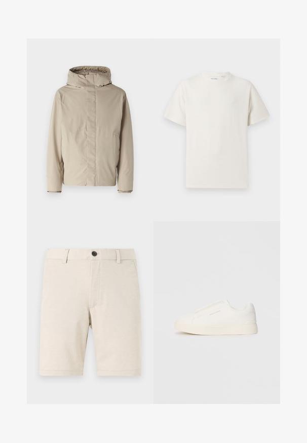 Veste isolée beige avec un haut col et une capuche, présentant un design minimaliste et un tissu texturé. Pas de fermetures ni de motifs visibles.; T-shirt blanc à manches courtes en texture côtelée. Encolure ronde, coupe décontractée, sans motifs ni accents visibles. Design simple et polyvalent.; Shorts beiges en tissu léger, avec une fermeture à bouton à l'avant, des passants de ceinture et une texture lisse. L'ourlet est droit.; Baskets blanches sans lacets avec une surface texturée, une semelle épaisse et un design minimaliste. Présente le logo de la marque sur le côté.