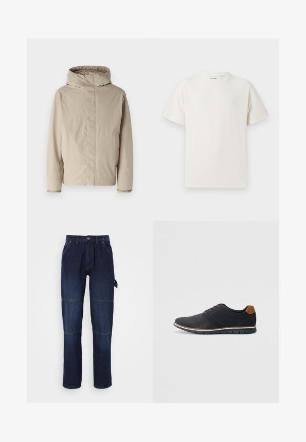 Giacca isolante beige con collo alto e cappuccio, caratterizzata da un design minimalista e tessuto testurizzato. Nessuna chiusura o motivo visibile.; T-shirt bianca a maniche corte in texture a coste. Girocollo, vestibilità rilassata, senza modelli o accenti visibili. Design semplice e versatile.; Pantaloni in denim blu scuro con taglio dritto, dotati di due tasche frontali, cuciture a vista e un'etichetta laterale per un tocco funzionale.; Scarpe sintetiche nere con tomaia testurizzata, dettagli lisci, tacco marrone e suola a contrasto. Presentano una lacerazione minimale e dettagli di cucitura.