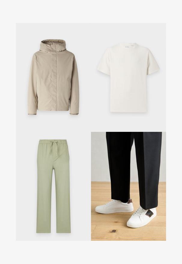 Beige isolierte Jacke mit hohem Kragen und Kapuze, mit einem minimalistischen Design und strukturiertem Stoff. Keine sichtbaren Verschlüsse oder Muster.; Weißes T-Shirt mit kurzen Ärmeln in gerippter Textur. Runder Ausschnitt, lockere Passform, keine sichtbaren Muster oder Akzente. Einfaches und vielseitiges Design.; Hosen in hellolivgrün, aus weichem Stoff gefertigt. Verfügt über einen elastischen Bund mit Kordelzug und gerade, lockere Beine.; Weiße Sneakers mit glatter Textur, versehen mit braunen Lederakzenten und schwarzen Details, kombiniert mit schwarzen maßgeschneiderten Hosen. Hintergrund aus Holzboden.