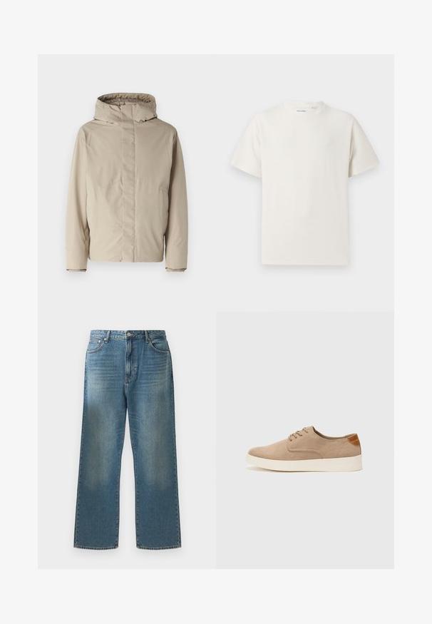 Beige isolert jakke med høy krage og hette, med et minimalistisk design og teksturert stoff. Ingen synlige lukninger eller mønstre.; Hvit T-skjorte med kort erm i ribbestrikket tekstur. Rund hals, avslappet passform, ingen synlige mønstre eller detaljer. Enkelt og allsidig design.; Blå denimjeans med bred benåpning, preget av en falmet vask, klassisk fem-lomme design og metallknappfeste i midjen.; Beige semskinnsko med rund tå, snøring foran og en teksturert bakre aksent. Hvit gummisåle gir kontrast. Enkelt og moderne design.