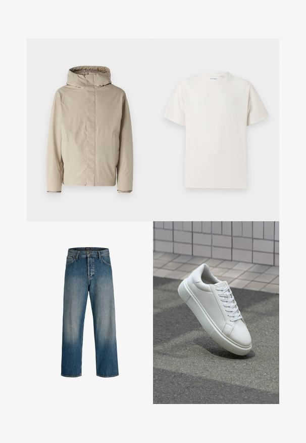 Vaaleanbeige eristystyylinen takki, jossa on korkea kaulus ja huppu. Takki on minimalistinen muotoilu ja siinä on teksturoitu kangas. Ei näkyviä kiinnityksiä tai kuvioita.; Valkoinen lyhythihainen T-paita ribbikuviossa. Pyöreä kaula-aukko, rento istuvuus, ei näkyviä kuvioita tai yksityiskohtia. Yksinkertainen ja monikäyttöinen muotoilu.; Siniset farkut, joissa on rento leikkaus, suora lahje, hienovarainen vaalea kuluminen ja merkkitag vyötäröllä yksityiskohtana.; Valkoinen nahkainen lenkkari, jossa on sileä pinta, pyöreä kärki ja tasaiset valkoiset nauhat. Varustettu teksturoidulla kumi-pohjalla ja vähäisillä muotoiluelementeillä.