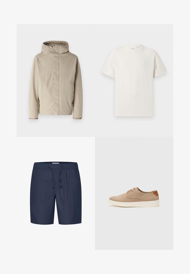 Beige geïsoleerde jas met een hoge kraag en capuchon, met een minimalistisch ontwerp en textuurstof. Geen zichtbare sluitingen of patronen.; Witte korte mouwen T-shirt met ribbelstructuur. Ronde hals, ontspannen pasvorm, geen zichtbare patronen of accenten. Eenvoudig en veelzijdig ontwerp.; Casual Friday CFPHELIX LINEN MIX - Shorts - navy blazer; Beige suède sneakers met een ronde neus, vetersluiting aan de voorkant en een getextureerde achteraccent. De witte rubberen zool zorgt voor contrast. Eenvoudig en modern ontwerp.