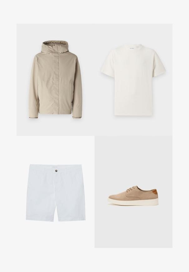 Beige isolierte Jacke mit hohem Kragen und Kapuze, mit einem minimalistischen Design und strukturiertem Stoff. Keine sichtbaren Verschlüsse oder Muster.; Weißes T-Shirt mit kurzen Ärmeln in gerippter Textur. Runder Ausschnitt, lockere Passform, keine sichtbaren Muster oder Akzente. Einfaches und vielseitiges Design.; Weiße Baumwollshorts mit einer Knopfverschluss vorne, zwei seitlichen Taschen und geradem Schnitt. Markenlabel "Pier One" am Bund.; Beige Wildleder-Sneaker mit runder Zehenpartie, Schnürung und strukturiertem Rückenteil. Die weiße Gummisohle sorgt für einen Kontrast. Einfaches und modernes Design.