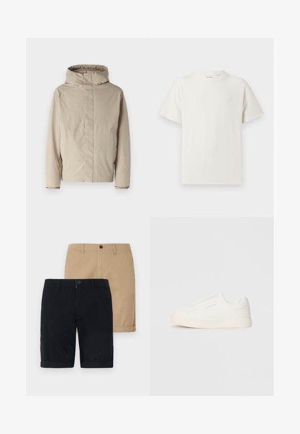 Veste isolée beige avec un haut col et une capuche, présentant un design minimaliste et un tissu texturé. Pas de fermetures ni de motifs visibles.; T-shirt blanc à manches courtes en texture côtelée. Encolure ronde, coupe décontractée, sans motifs ni accents visibles. Design simple et polyvalent.; Deux paires de shorts : une bleu marine et une kaki. Les deux sont en coton, présentent un devant plat, un ourlet roulé et une fermeture à bouton.; Baskets blanches sans lacets avec une surface texturée, une semelle épaisse et un design minimaliste. Présente le logo de la marque sur le côté.
