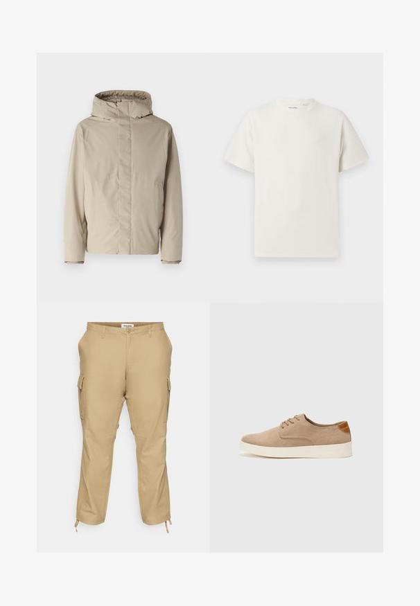 Beige isolerad jacka med hög krage och huva, med en minimalistisk design och strukturerad tyg. Inga synliga stängningar eller mönster.; Vit t-shirt med kort ärm i ribbad struktur. Rund halsringning, löst sittande passform, inga synliga mönster eller detaljer. Enkelt och mångsidigt design.; Tan cargo byxor med avslappnad passform, som har sidofickor, justerbara cuffs och ett mjukt bomullsmaterial.; Beige mockasinsneakers med rund tå, snörning fram och texturerad bakaxel. Vit gummisula ger kontrast. Enkelt och modernt design.