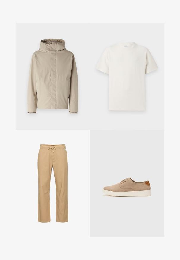 Bežinė izoliacija striukė su aukštu apykakle ir gaubtu, turinti minimalistinį dizainą ir tekstūruotą medžiagą. Be matomų užsegimų ar raštų.; Balta trumpa rankovė T-polo marškinėlių su juostelėmis tekstūra. Apvalus iškirpimas, laisvas fasonas, jokių matomų raštų ar akcentų. Paprastas ir universalus dizainas.; Šviesiai rudos spalvos tiesaus kirpimo medvilninės kelnės su elastinga juosmena ir raišteliu. Turi šonines kišenes ir glotnų paviršių.; Bežiniai zomšiniai sportbačiai su apvaliomis pirštų dalimis, raišteliais priekyje ir tekstūruotu užkulniu. Balta guma suteikia kontrastą. Paprastas ir modernus dizainas.