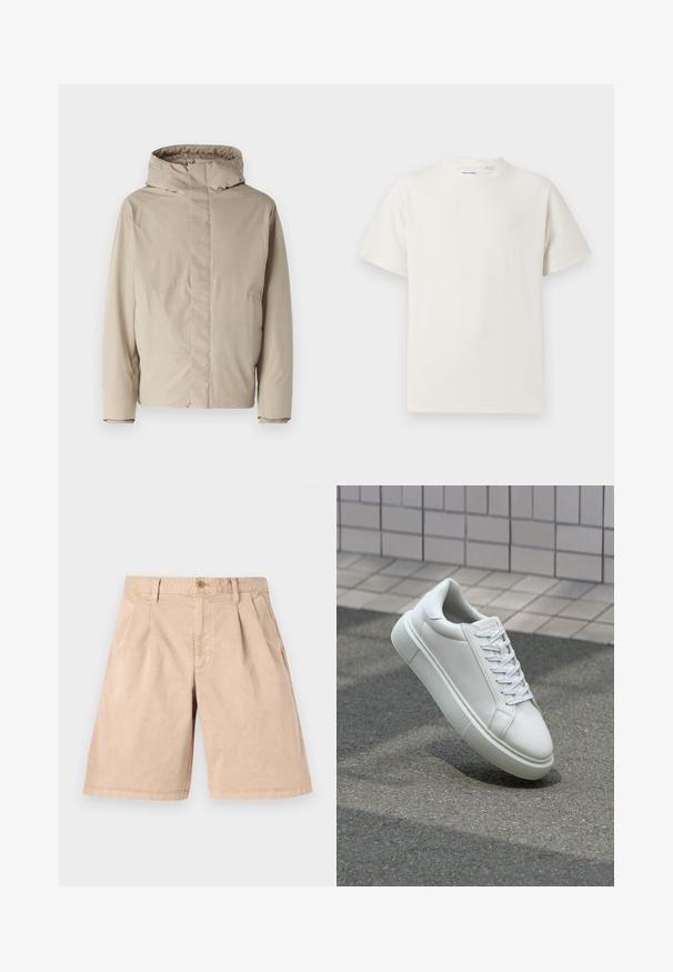 Beež isolatsiooniga jakk kõrge kaeluse ja kapuutsiga, millel on minimalistlik disain ja tekstuuriga kangas. Ei ole nähtavaid sulgemisi ega mustreid.; Valge lühikeste varrukatega T-särk ribakudumises. Ümar kaelus, mugav lõige, nähtavad mustrid ega aksessuaarid puuduvad. Lihtne ja mitmekesine disain.; Beige puhvete, mis on valmistatud puuvillast, sirge lõikega, volditud ees, küljetaskute ja ühe nupuga vöökohal.; Valge nahkline sneka, millel on sile pind, ümar varvas ja lame valge pael. Omab tekstuuriga kummist talla ja minimaalset kujunduselementi.