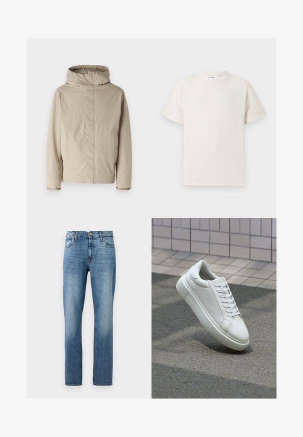 Beige isolert jakke med høy krage og hette, med et minimalistisk design og teksturert stoff. Ingen synlige lukninger eller mønstre.; Hvit T-skjorte med kort erm i ribbestrikket tekstur. Rund hals, avslappet passform, ingen synlige mønstre eller detaljer. Enkelt og allsidig design.; Blå straight-leg denim jeans med fem lommer, knap- og lynlåslukning, vist mod en ensfarvet hvid baggrund.; Hvit lær sneaker med glatt overflate, rund tå og flate hvite snøringer. Har en teksturert gummisåle og minimale design elementer.
