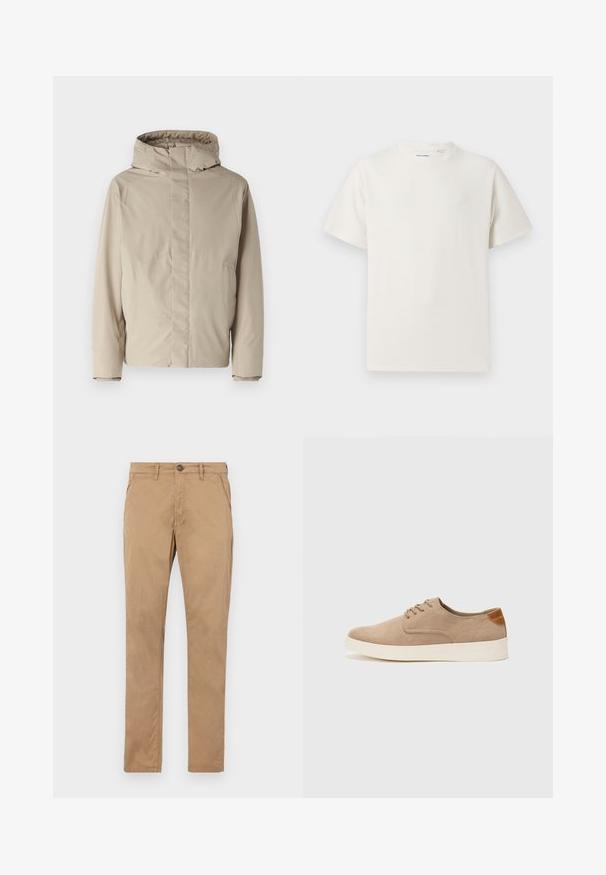 Beige isolierte Jacke mit hohem Kragen und Kapuze, mit einem minimalistischen Design und strukturiertem Stoff. Keine sichtbaren Verschlüsse oder Muster.; Weißes T-Shirt mit kurzen Ärmeln in gerippter Textur. Runder Ausschnitt, lockere Passform, keine sichtbaren Muster oder Akzente. Einfaches und vielseitiges Design.; Beige Chinos mit geradem Bein aus Baumwolle. Sie verfügen über einen Frontknopf, einen Reißverschluss und seitliche Taschen, haben eine glatte Textur und keine sichtbaren Muster.; Beige Wildleder-Sneaker mit runder Zehenpartie, Schnürung und strukturiertem Rückenteil. Die weiße Gummisohle sorgt für einen Kontrast. Einfaches und modernes Design.