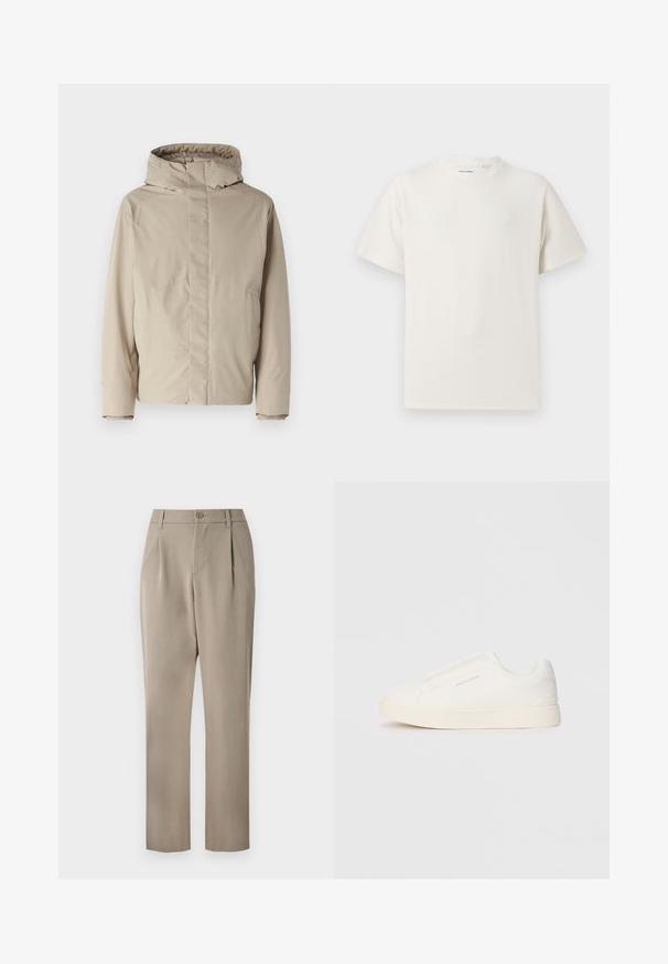Beige insulated jacket with a high collar and hood, featuring a minimalist design and textured fabric. No visible fastenings or patterns.; White short-sleeve T-shirt in a ribbed texture. Round neckline, relaxed fit, no visible patterns or accents. Simple and versatile design.; Khaki trousers with a straight-leg design, featuring a button closure and pleated front. Made from smooth fabric with a matte finish.; White slip-on sneakers with a textured surface, a thick sole, and minimalistic design. Features brand logo on the side.