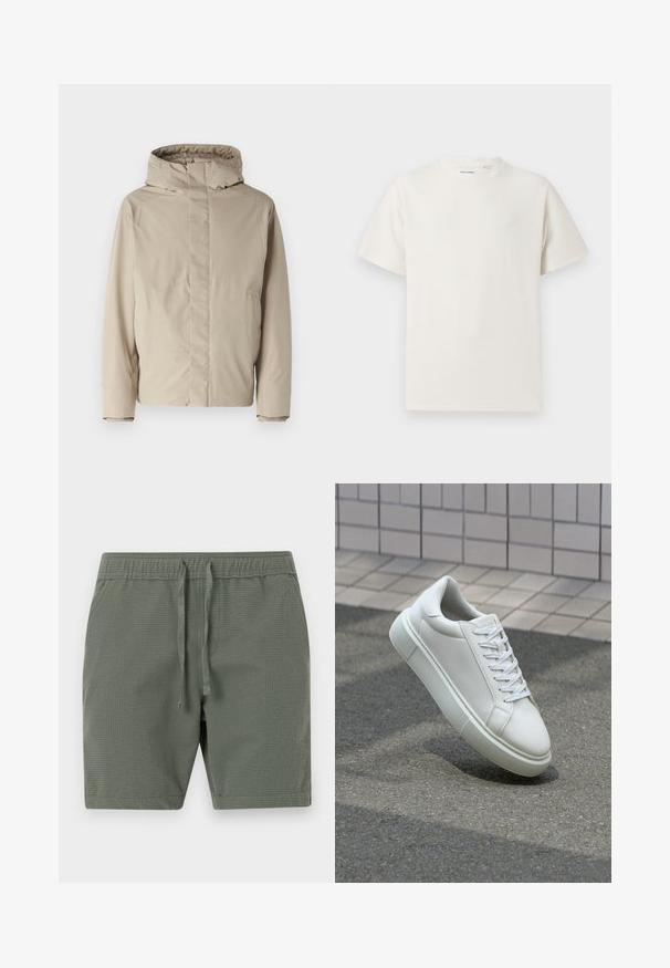 Bežana izolirana jakna s visokim ovratnikom i kapuljačom, koja se odlikuje minimalističkim dizajnom i teksturiranim materijalom. Nema vidljivih kopčanja ili uzoraka.; Bijela kratka majica s kratkim rukavima u rebrastoj teksturi. Okrugli izrez, ležeran kroj, bez vidljivih uzoraka ili akcenta. Jednostavan i svestran dizajn.; Maslinasto zeleni šortsevi izrađeni od teksturirane tkanine, s elastičnim pojasom i podesivim vezicama, te opuštenim krojem.; Bijela kožna tenisica s glatkom površinom, okruglim vrhom i ravnim bijelim vezicama. Ima teksturiran gumeni potplat i minimalne dizajnerske elemente.