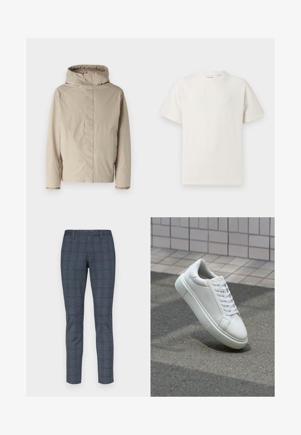 Béžová zateplená bunda s vysokým límcem a kapucí, která má minimalistický design a texturovanou tkaninu. Bez viditelných zapínání nebo vzorů.; Bílý krátký rukáv tričko s pružnou strukturou. Kulatý výstřih, volný střih, bez viditelných vzorů nebo detailů. Jednoduchý a univerzální design.; Slim-fit kalhoty v tmavě modré kostkované vzoru, s plochým předním dílem, zapínáním na knoflík a postranními kapsami. Podlepený design s hladkou texturou.; Bílé kožené tenisky s hladkým povrchem, kulatou špičkou a plochými bílými tkaničkami. Disponují texturovanou gumovou podrážkou a minimálními designovými prvky.