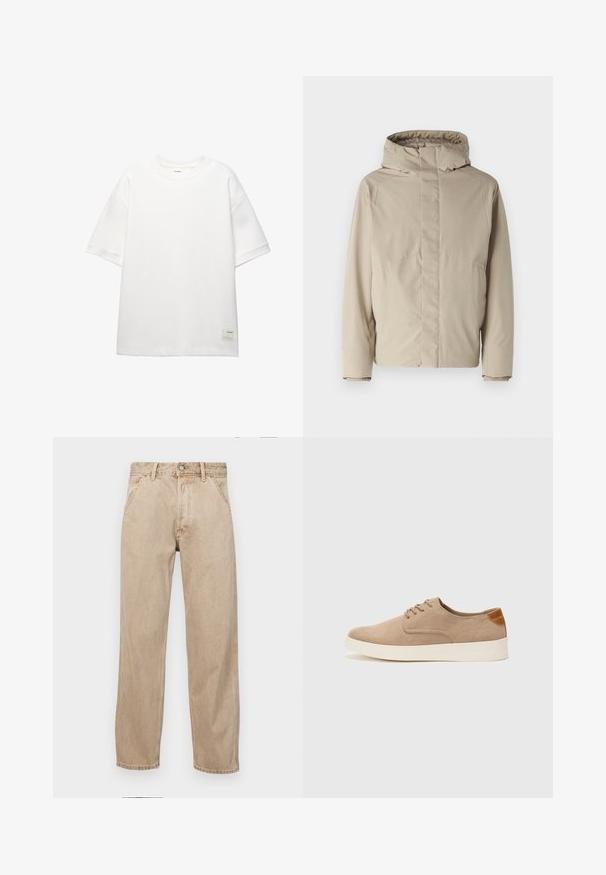 Vaaleanbeige eristystyylinen takki, jossa on korkea kaulus ja huppu. Takki on minimalistinen muotoilu ja siinä on teksturoitu kangas. Ei näkyviä kiinnityksiä tai kuvioita.; PULL&BEAR SHORT SLEEVE - PLUSH - T-paita - white; Beige farkkuhousut suoranlahkeisella muotoilulla, joissa on etutaskut, metallinen nappisulku ja hillitty rakenne.; Beige nubuck-lenkkarit, joissa on pyöreä kärki, nauhakiinnitys ja teksturoitu takaosa. Valkoinen kumipohja tuo kontrastia. Yksinkertainen ja moderni muotoilu.