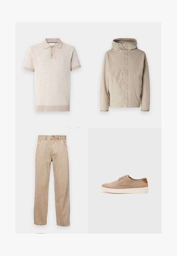 Bežs izolēts cimds ar augstu apkakli un kapuci, kas izceļas ar minimālistisku dizainu un teksturētu audumu. Nav redzamu aizdaru vai rakstu.; Kreklu ar īsām piedurknēm gaiši bežā krāsā ar teksturētām svītrām, ar apkakli un trīs pogām. Mīksta auduma ar ribotām aprocēm.; Beige džinsi ar taisnu kāju dizainu, ar priekšējiem kabatām, metāla pogu aizdari un smalku faktūru.; Beige zamšādas kedas ar noapaļotu purngala daļu, auklēm saplacinātu priekšpusi un teksturētu aizmugures akcentu. Balta gumijas zole nodrošina kontrastu. Vienkāršs un mūsdienīgs dizains.