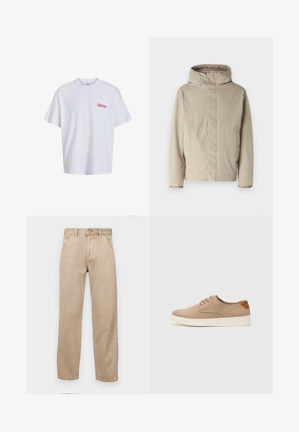Beige geïsoleerde jas met een hoge kraag en capuchon, met een minimalistisch ontwerp en textuurstof. Geen zichtbare sluitingen of patronen.; Witte katoenen T-shirt met korte mouwen, ronde halslijn, voorzien van een kleine roze grafiek op de linkerborst. Zachte textuur, relaxte pasvorm.; Beige denim jeans met een recht gesneden ontwerp, voorzien van voorzakken, een metalen knoopsluiting en een subtiele textuur.; Beige suède sneakers met een ronde neus, vetersluiting aan de voorkant en een getextureerde achteraccent. De witte rubberen zool zorgt voor contrast. Eenvoudig en modern ontwerp.
