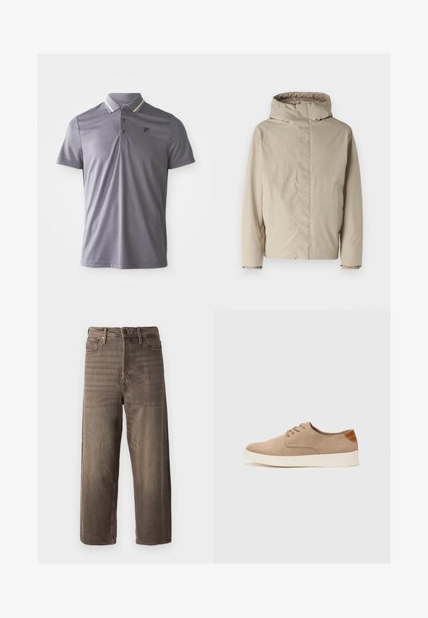 Chaqueta aislante beige con cuello alto y capucha, que presenta un diseño minimalista y tejido texturizado. Sin cierres ni patrones visibles.; Polo de manga corta gris con sutiles rayas verticales, tapeta de tres botones y parche de logo en el lado izquierdo del pecho, cuello con acentos de rayas claras.; Jeans de pierna ancha en color marrón, fabricados en denim. Cuentan con una cremallera, pasadores para cinturón y cinco bolsillos. La tela presenta un aspecto desgastado y texturizado.; Zapatillas de ante beige con puntera redondeada, cordones en la parte delantera y un acento texturizado en la parte trasera. La suela de goma blanca proporciona contraste. Diseño sencillo y moderno.