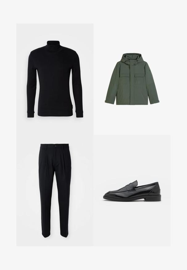 Olivegrønn isolert jakke med hette, med to frontlommer, rett snitt og justerbare ermer. Glatt, matt tekstur.; Svart langermet turtleneck-skjorte laget av mykt stoff. Har en tettsittende design med ribbede mansjetter og en glatt tekstur. Uten mønstre eller logoer.; Sorte skreddersydde bukser med frontfolder, knappelukking og beltestropper, vist mot en hvit bakgrunn.; Sorte skinnloafers med en glatt overflate, med rund tå og en smal band over vristen. Lavt stablet hæl.