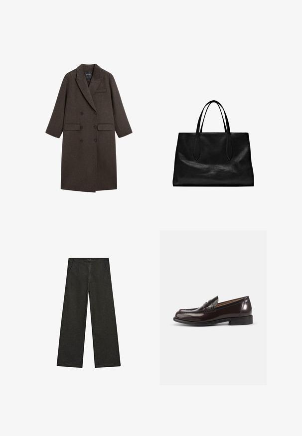 Dubbelzijdige jas van donkerbruine wol met geknipt revers, twee voorzakken en één borstzak. Gladde textuur, op maat gemaakte pasvorm.; Zwarte coltrui met lange mouwen, gemaakt van een zachte stof. Heeft een aansluitend ontwerp met een geribbelde textuur bij de kraag en zoom.; Wijd uitlopende zwarte denim broek met een middelhoge taille, twee zijzakken en een eenvoudige, minimalistische uitstraling zonder zichtbare versieringen.; Bordeaux leren instappers met een glanzende afwerking, voorzien van een gestikte teen en een kleine decoratieve band aan de voorkant. Lage gestapelde hak.; Zwarte leren totebag met twee lange handvatten, een gestructureerde vorm, een gladde textuur en een minimalistisch ontwerp. Geen zichtbare hardware of accenten.
