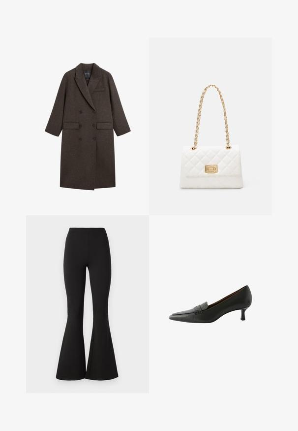 Kurtka dwurzędowa z ciemnobrązowej wełny, z klapami, dwoma przednimi kieszeniami oraz jedną kieszonką na piersi. Gładka faktura, dopasowany krój.; Czarny T-shirt z krótkim rękawem i dekoltem w serek o prostym, dopasowanym kroju na białym tle.; Czarne legginsy dzwonowate wykonane z elastycznego materiału, z wysokim stanem i gładką fakturą, zwężające się ku dołowi do szerokiego dzwonu przy kostkach.; Czarne skórzane buty na obcasie z wąskim noskiem i dekoracyjnym paskiem. Posiadają niski obcas szpilkowy i gładką fakturę.; Biała torebka pikowana z złotym łańcuszkiem i prostokątnym zapięciem. Posiada gładką fakturę i geometryczny wzór przeszyć.