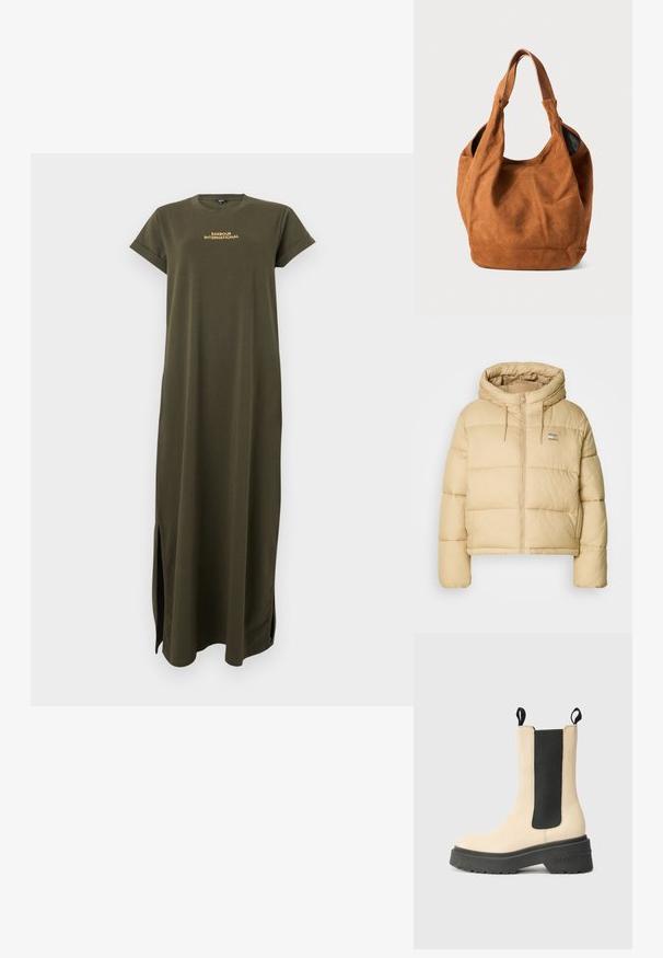 Jasno beżowa puchowa kurtka o skróconym kroju, z zamkiem z przodu i kapturem. Posiada pikowaną strukturę oraz mały akcent w postaci logo.; Oliwkowa maxi sukienka z krótkimi rękawami, okrągłym dekoltem i bocznymi rozcięciami. Posiada złote logo "BARBOUR INTERNATIONAL" na klatce piersiowej.; Beżowe botki za kostkę z czarnym elastycznym panelem bocznym i gumową podeszwą, z wyraźnym logo marki na pięcie. Prosty, nowoczesny design.; Brązowa zamszowa torba na ramię o miękkiej teksturze, zakrzywionym kształcie i dwóch uchwytach. Charakteryzuje się minimalistycznym wyglądem, bez widocznych elementów metalowych czy akcentów.