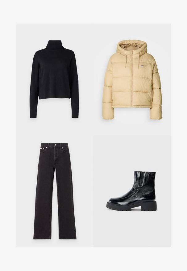 Light beige puffer jacket with a cropped design, zip front, and a hood. Features quilted texture and a small logo accent.; Samsøe Samsøe NOLA TURTLENECK - Jumper - black; Black wide-leg jeans made of denim, featuring a high-rise waist, five-pocket styling, and a metal button closure with contrasting stitching.; Black ankle boots with a glossy patent leather finish, chunky black rubber sole, and raised heel; includes subtle logo detail on the side.