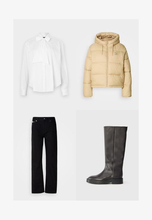Chaqueta de plumas beige claro con un diseño corto, cierre de cremallera en la parte frontal y capucha. Presenta un textura acolchada y un pequeño logotipo como acento.; Blusa blanca con mangas largas, cuello con lazo, botones en la parte delantera y un corte holgado. Fabricada con una tela suave sin patrones ni acentos.; Pantalones de mezclilla negros de pierna recta con cinco bolsillos, remaches plateados y cierre de botones. La tela tiene un acabado liso y ligeramente texturizado.; Bota de cuero negra hasta la rodilla con suela gruesa y sutil logo de Calvin Klein cerca del borde superior, vista de lado.